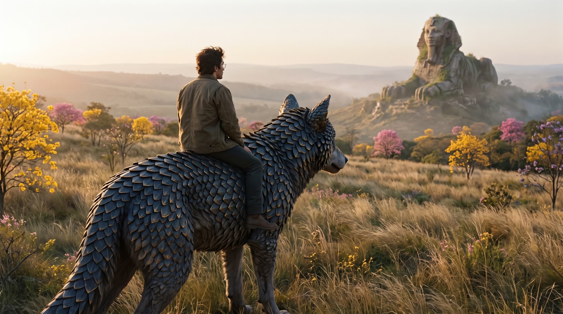 Um homem montado em um lobo gigante de escamas escuras observa uma antiga esfinge de pedra num vale de ipês ao entardecer.